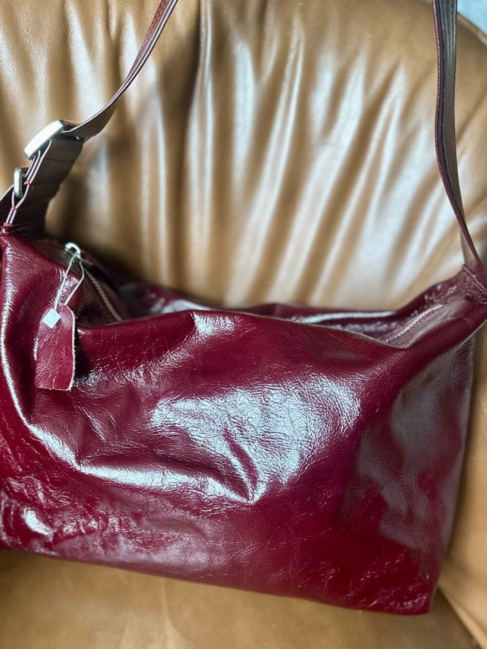 Soft Genuine Leather Hobo Bag, Wide Adjustable Strap, Everyday Style, Burgundy